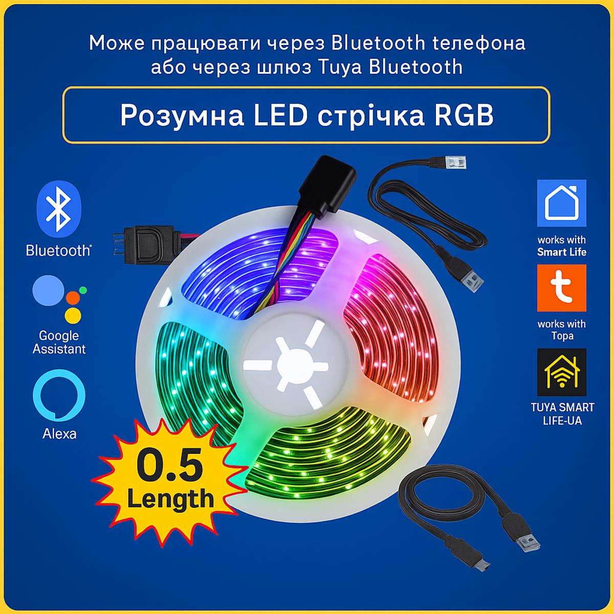 Розумна Bluetooth LED стрічка 0,5м RGB Tuya Smart Life
