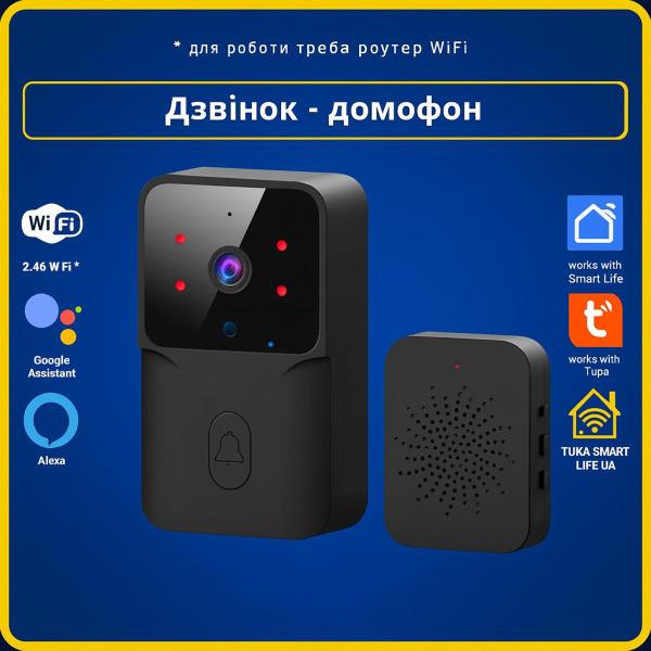 Бездротовий дверний дзвінок з камерою домофон ЧОРНИЙ (Wi-Fi) Tuya Smart Life UA