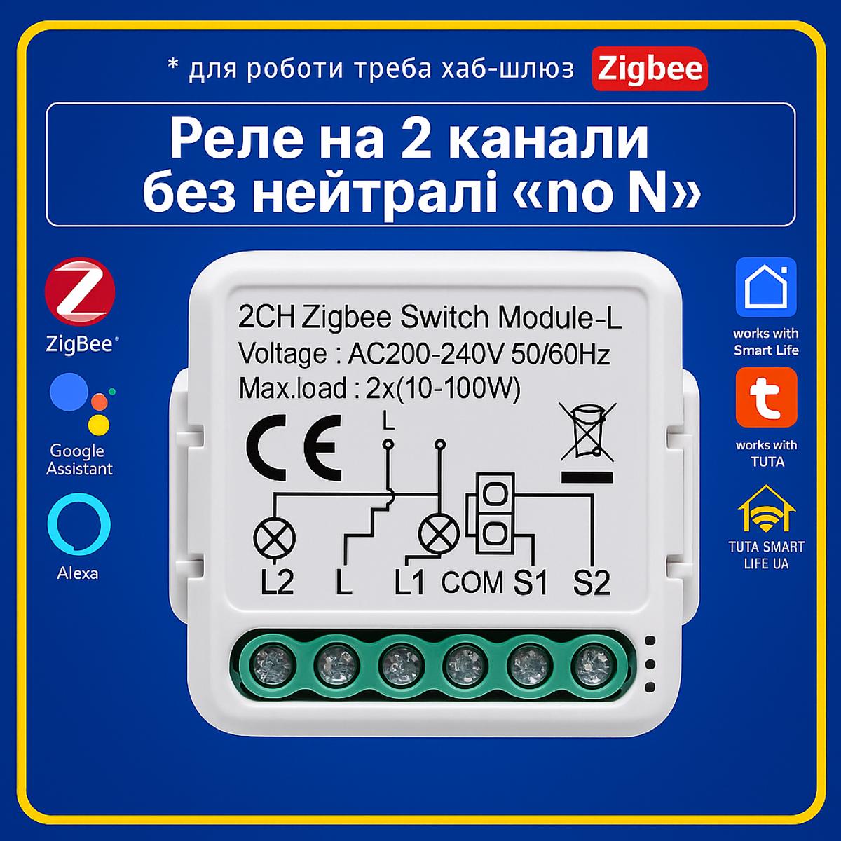 Розумне реле на 2 канали "без нейтралі" 16A (ZigBee) Tuya Smart Life (Tuya Smart Life UA)