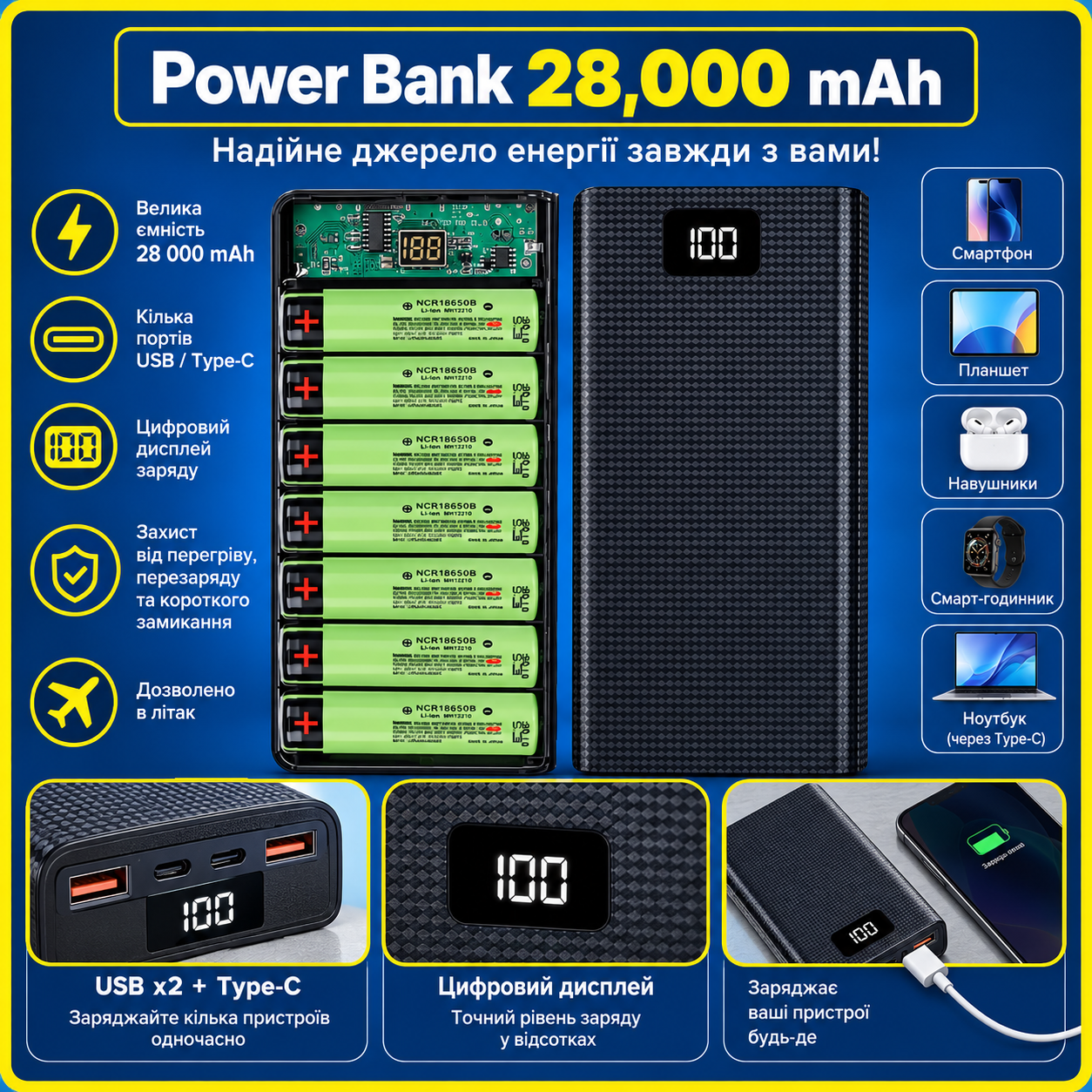 Powerbank 28000 mAh 5 V/2 A з двома USB-виходами портативний зарядний акумулятор повербанк