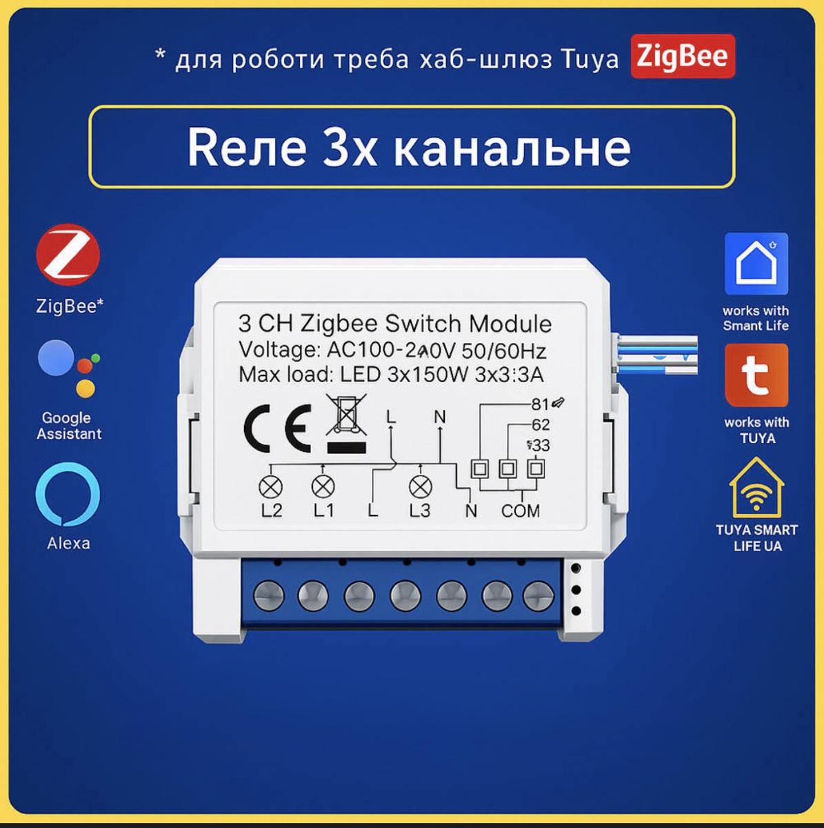 Розумне реле на 3 канали 16A (ZigBee) Tuya Smart Life UA