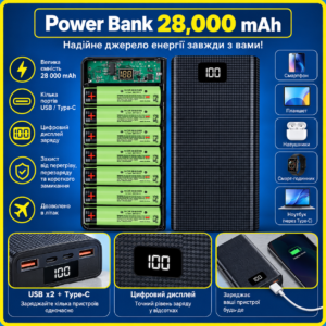 Powerbank 28000 mAh 5 V/2 A з двома USB-виходами портативний зарядний акумулятор повербанк