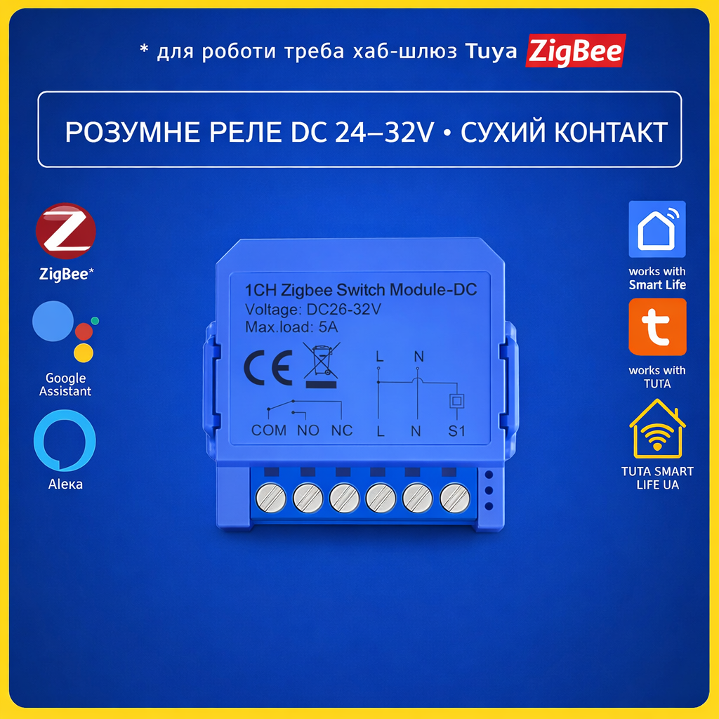 Розумне ZigBee реле Tuya DC 2432V сухий контакт COM NO NC 5A 150W Smart Life