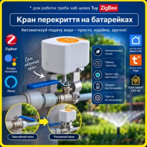 Розумний автономний електропривід шарового крану води, газу актуатор на батарейках (ZigBee) Tuya Smart Life UA