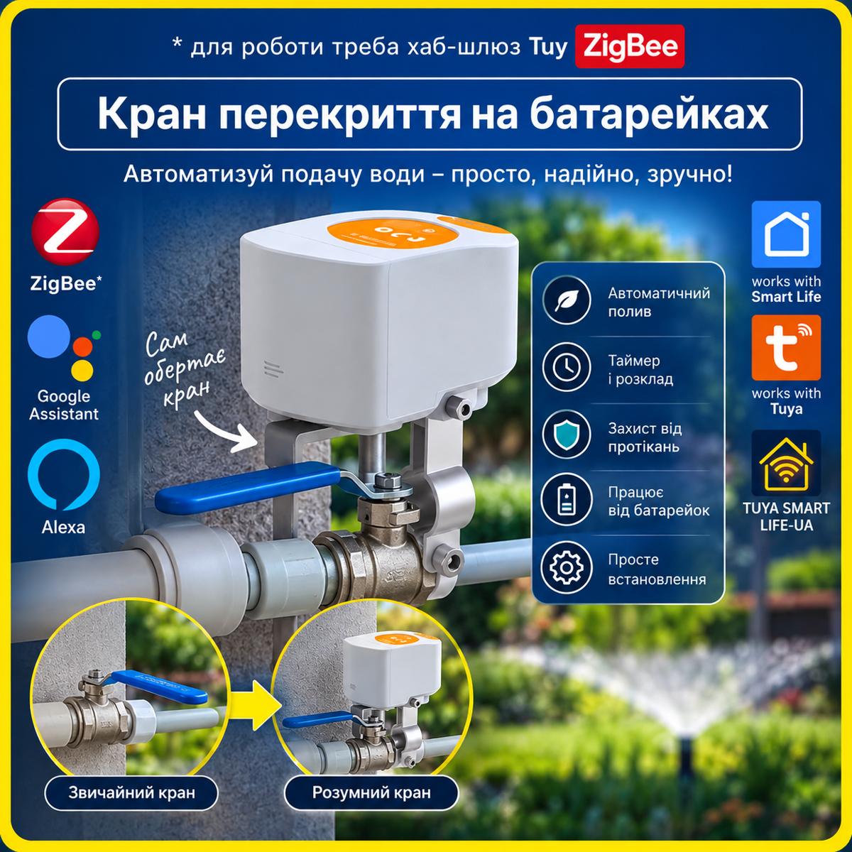 Розумний автономний електропривід шарового крану води, газу актуатор на батарейках (ZigBee) Tuya Smart Life UA