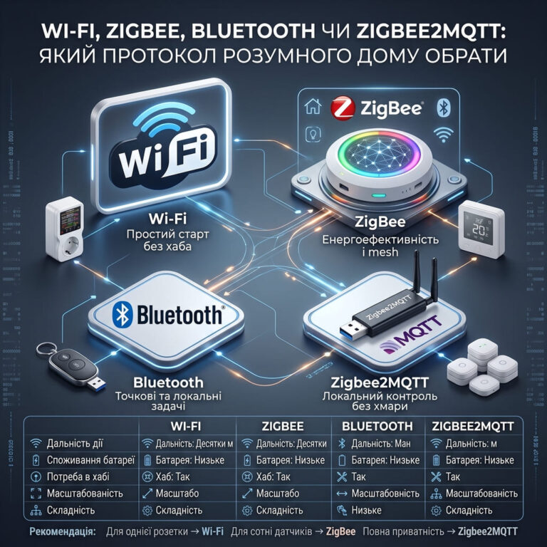Wi-Fi, ZigBee, Bluetooth чи Zigbee2MQTT: порівняння протоколів